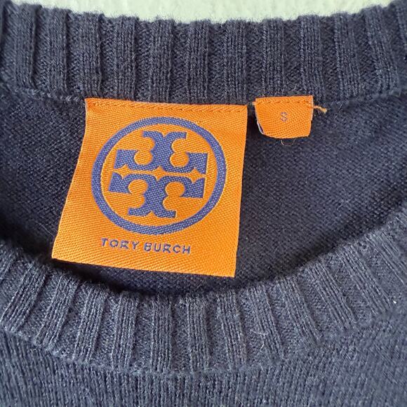Tory Burch Cashmere Wool Blend Crewneck Navy Blue pullover lite sweater size S - Picture 2 of 9